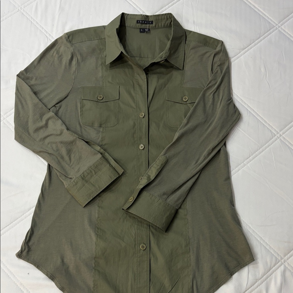 Theory olive green button down shirt